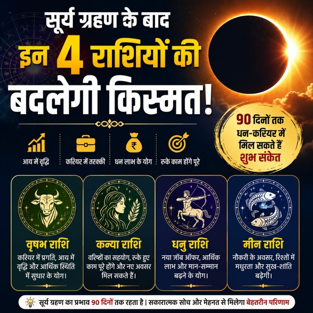 सूर्य ग्रहण के बाद इन 4 राशियों की बदलेगी किस्मत! 90 दिनों तक धन-करियर में मिल सकते हैं शुभ संकेत